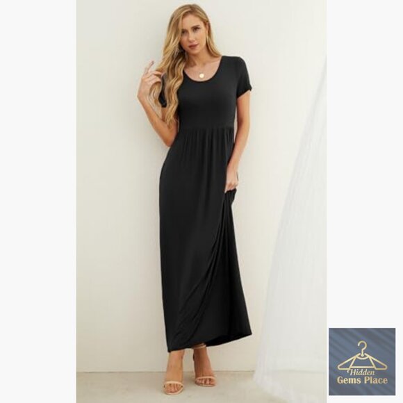 Summer Maxi Dress with Pockets, Short Sleeve Crew Neck, Relaxed Fit - Picture 4 of 7